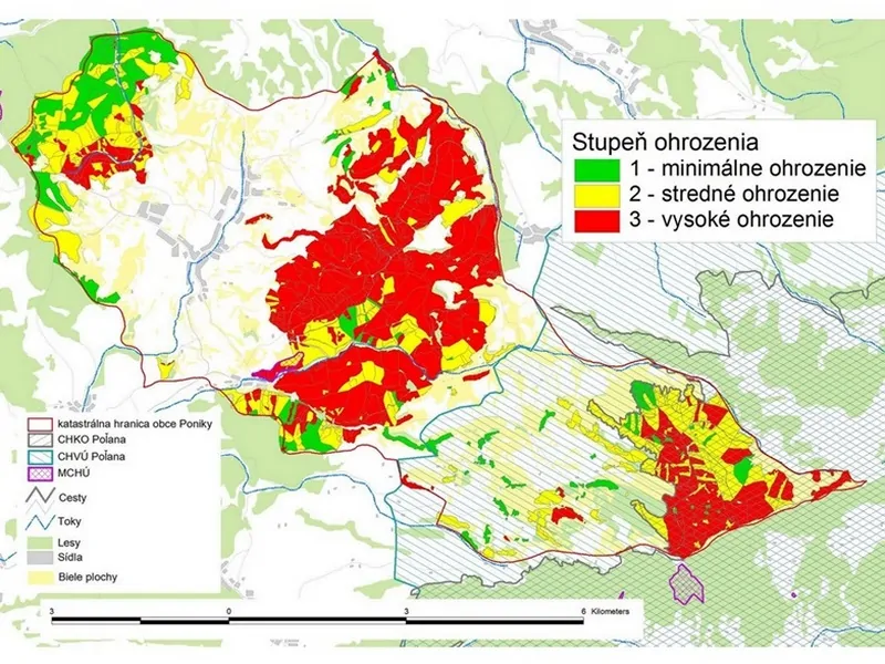 Mapa zraniteľnosti lesných porastov voči klimatickým zmenám s vyznačením stupňov ohrozenia (nízke, stredné, vysoké)