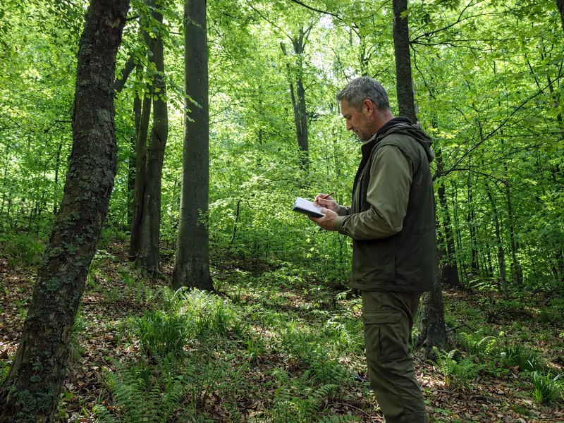 Mapovanie lesných biotopov v teréne – odborník hodnotí vegetáciu a zapisuje údaje