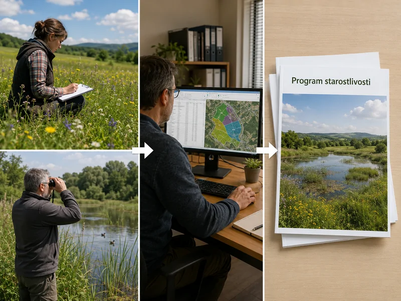 Proces vypracovania dokumentácie ochrany prírody – terénny zber údajov, GIS analýza a tvorba programu starostlivosti. Ilustračný obrázok vytvorený pomocou AI.
